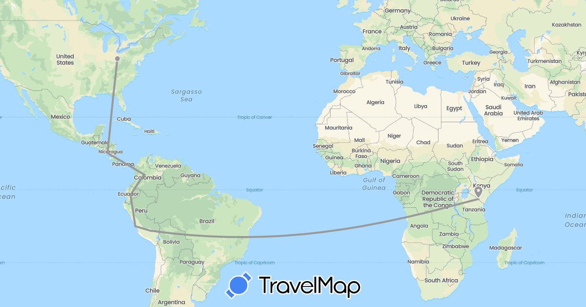 TravelMap itinerary: driving, plane in Ecuador, Nicaragua, Peru, Tanzania, United States (Africa, North America, South America)